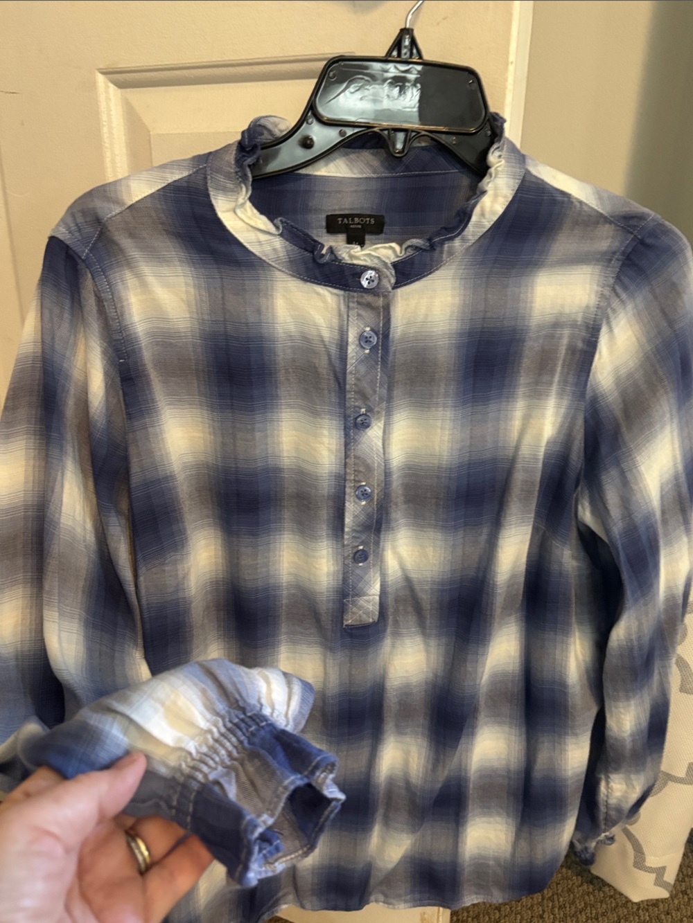 Talbots Blue and White Plaid Button-Front Casual Shirt